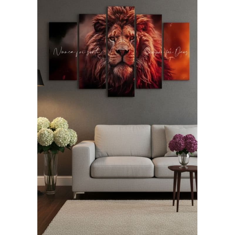 Quadro Decorativo Mosaico Leão Frase Deus 115x60 MDF 5 Peças