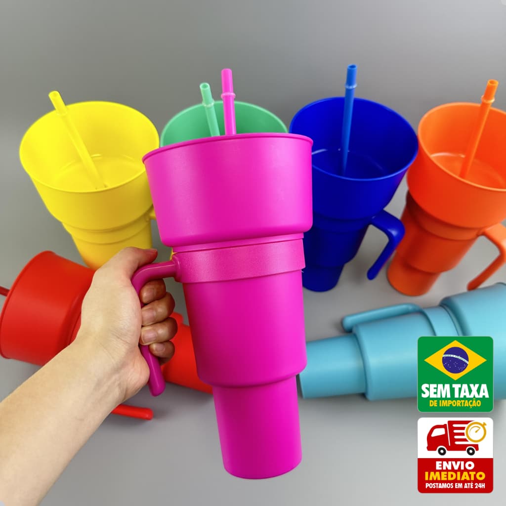 Copo Pipoca com Compartimento para Bebida 900ml Canudo Lanches Portátil Família