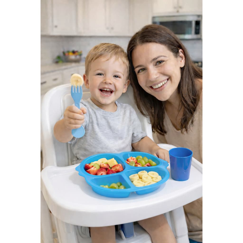 Prato Infantil Menino Azul 4 Divisórias + Copo + Talher 2 em 1 Resistente Oferta