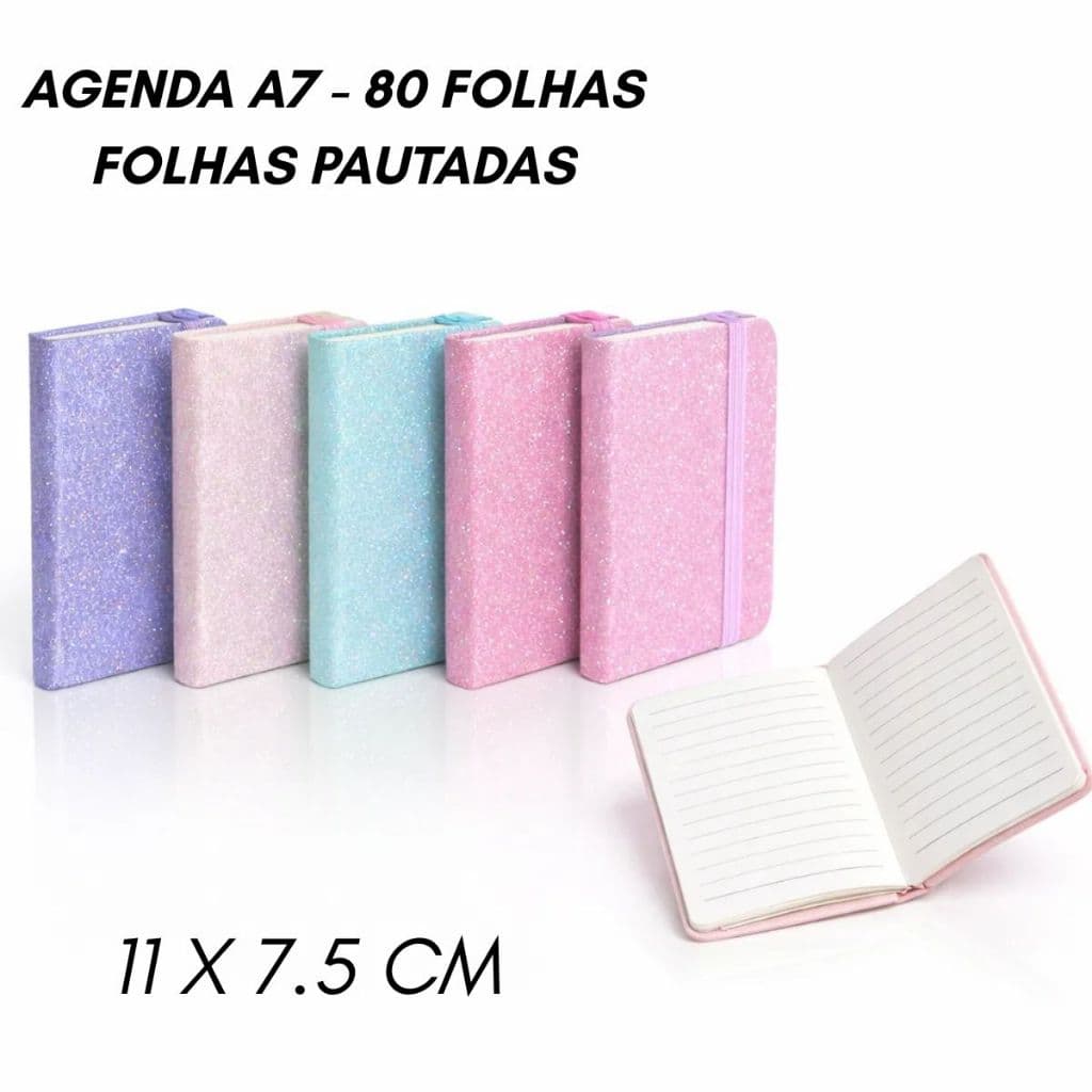 Agenda A7 Caderno de Bolso Capa Dura Colorido Com Glitter Para Anotações Escola Faculdade Caderneta