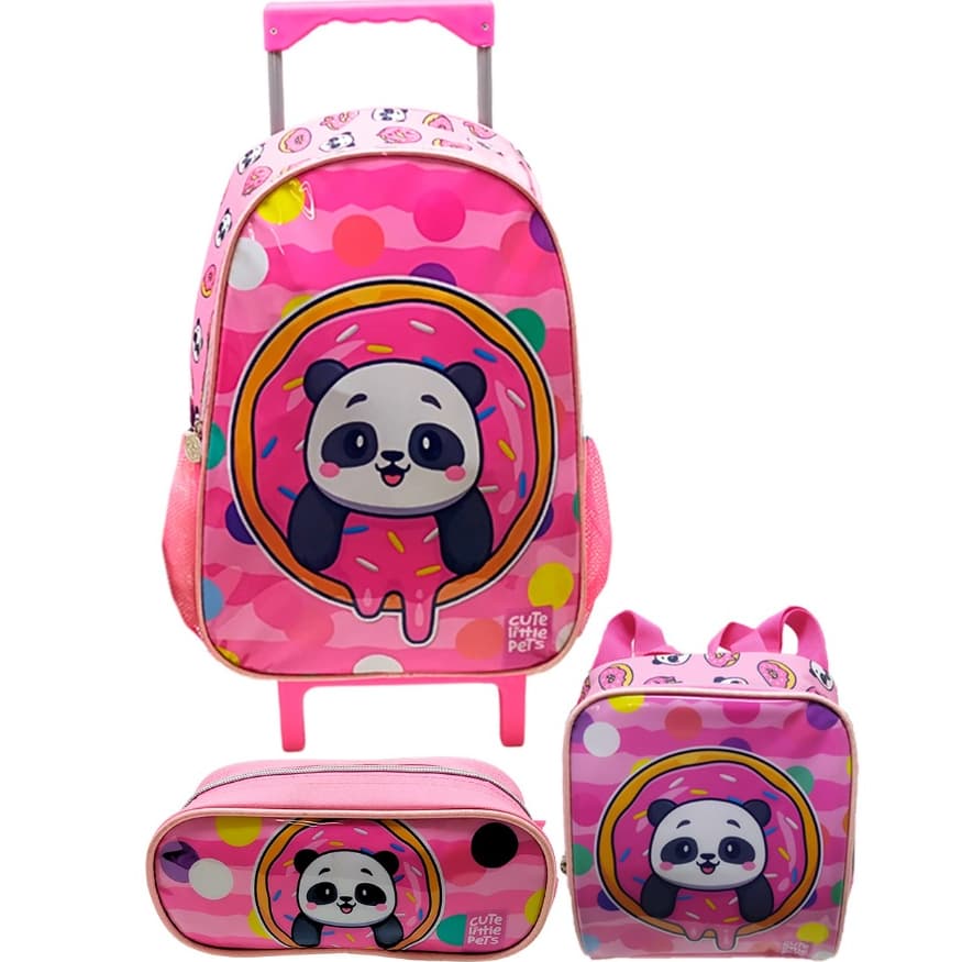 Kit Mochila com Carrinho Cute Little Pets "Panda ou Unicórnio" com Lancheira e Estojo
