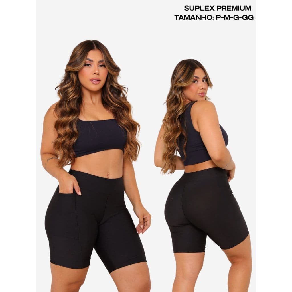 Short Academia Feminino Meia Coxa Com Bolso Suplex Premium
