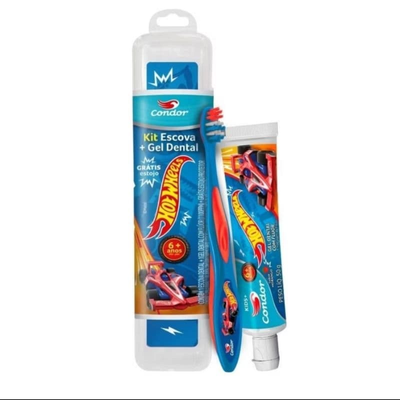 Kit Escova + Gel Dental Condor Kids Hot Wheels com Flúor Morango 50g e Ganhe Estojo