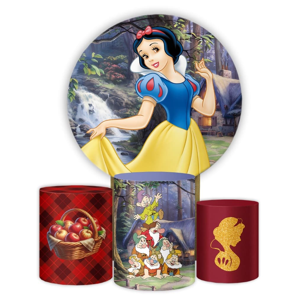 Kit Decoração Tecido Veste Fácil + Capas de Cilindro Branca de Neve Princesa Festa Infantil Sete Anões Desenho Animado