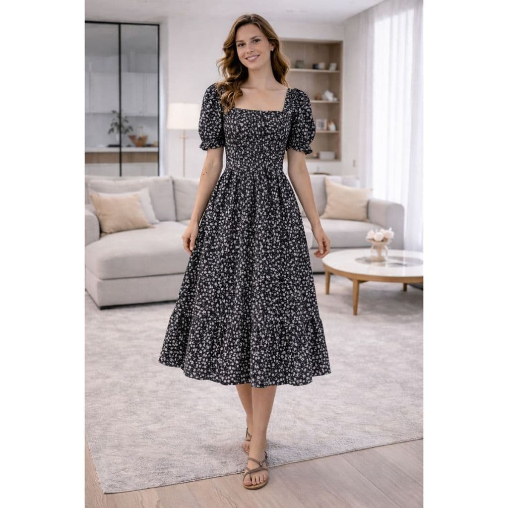 Vestido Feminino Midi Manga Princesa Estampado Flor moda Evangélica