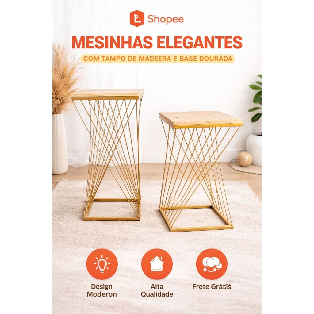 Conjunto de Mesas Decorativas Douradas com Tampo em Madeira Design Moderno e Elegante Luxo
