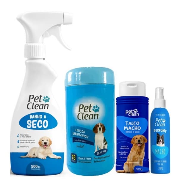 Kit Higiene Pet Completo Pet Clean: Banho a Seco 500ml + Talco + Lenços + Perfume 120ml