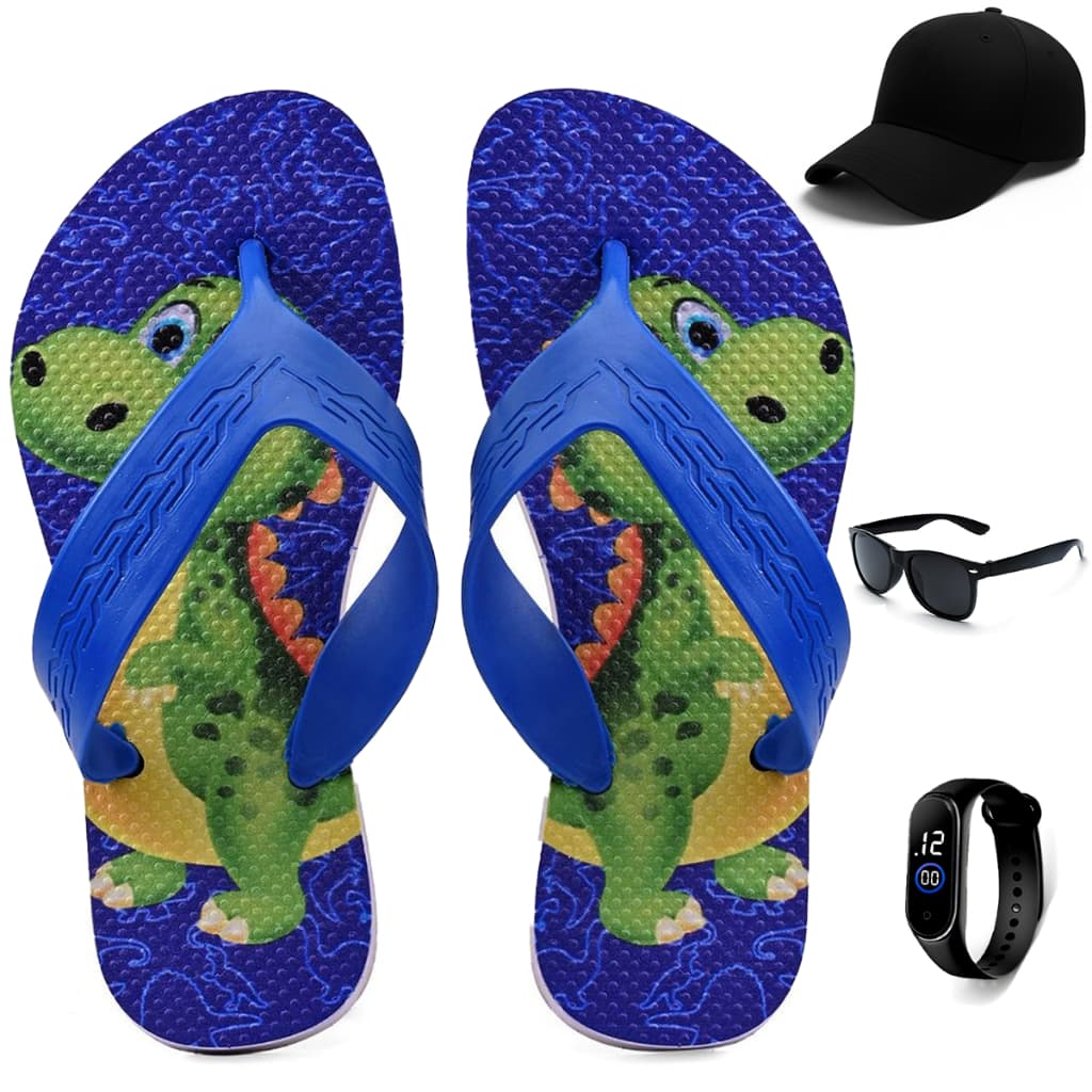 Kit Chinelo Infantil Menino Dinossauro Casual + Boné + Relógio + Óculos Infantil