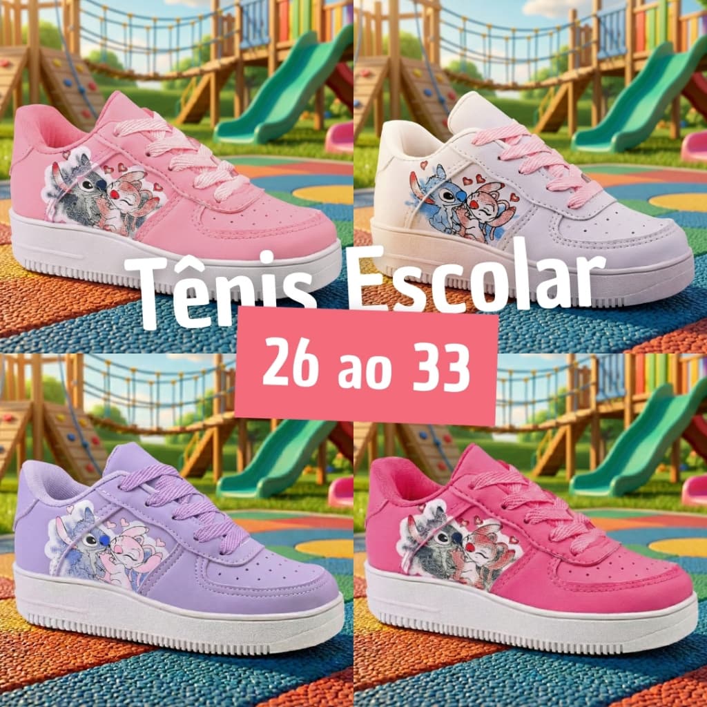 Kit 2 Pares Tênis Stitch Infantil Menina Modinha Feminino Confortável Promoção + Brinde Bolsinha