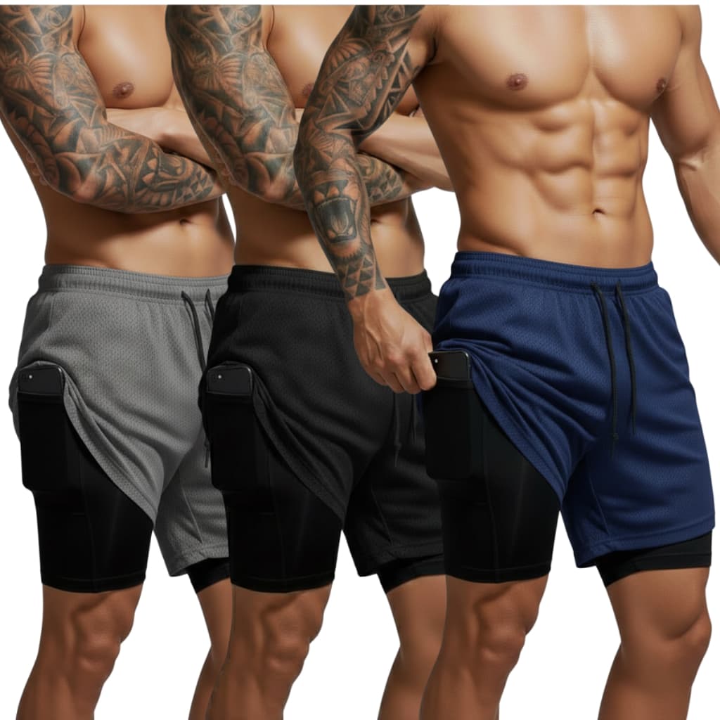 Kit 3 Peças Shorts 2 em 1 Dry Fit Masculino Com Bolso Interno e Forro de Compressão