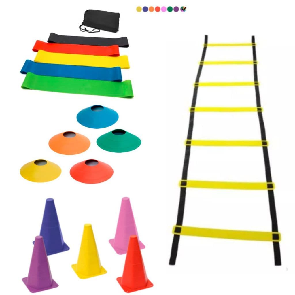 Kit Agilidade Funcional 5 Cones 5 Chapeus 1 Escada 7 Degraus Kit Elasticos 5 Mini Bands