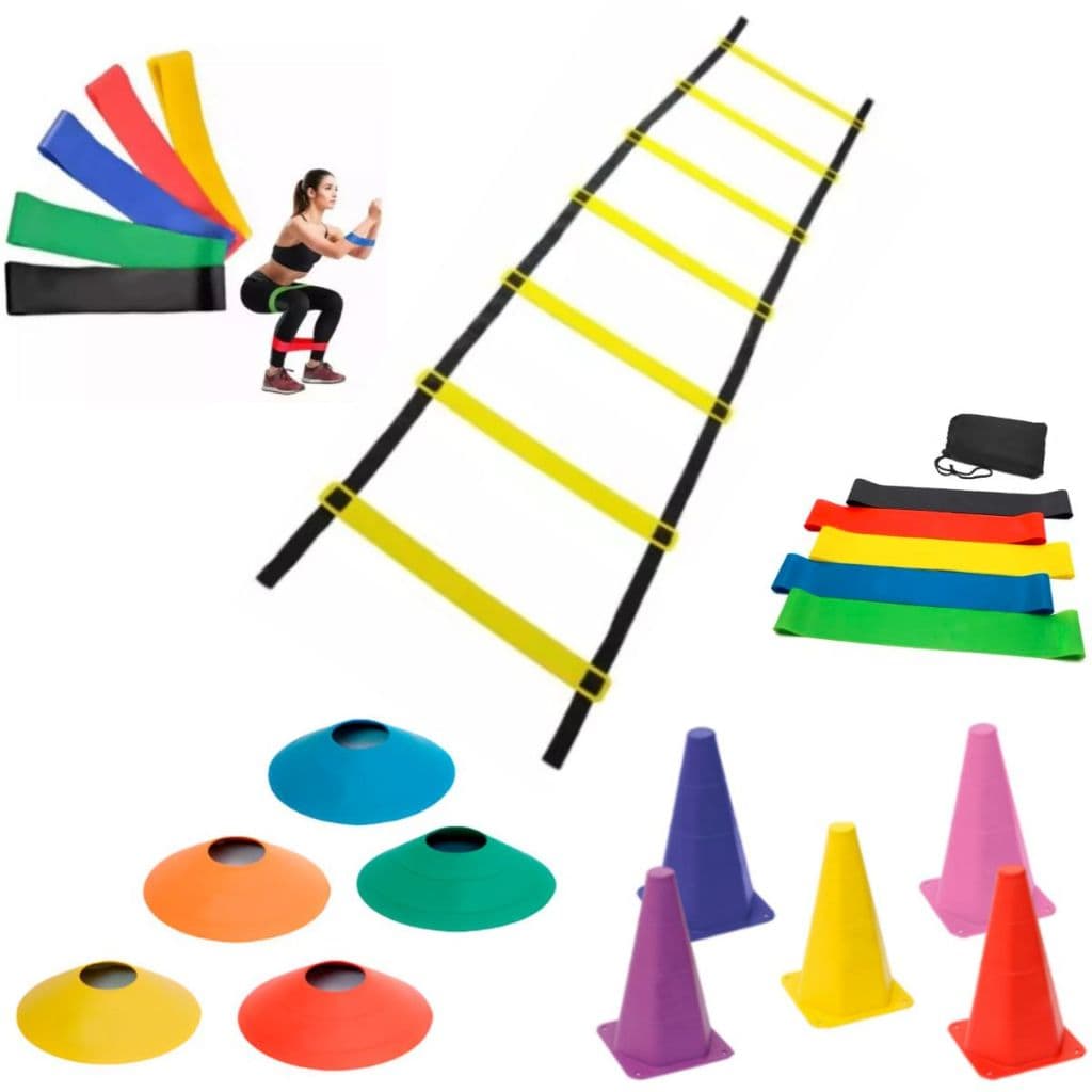 Kit Funcional Agilidade 1 Escada com 7 Degraus 5 Cones 5 Pratos+ Kit Elasticos 5 Faixas Mini Bands