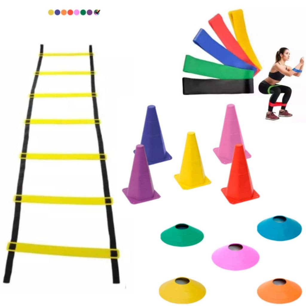 Kit Agilidade 1 Escada 7 Degraus 5 Cones 5 Chapeus Kit Elasticos 5 Faixas Mini Bands Treino em Casa