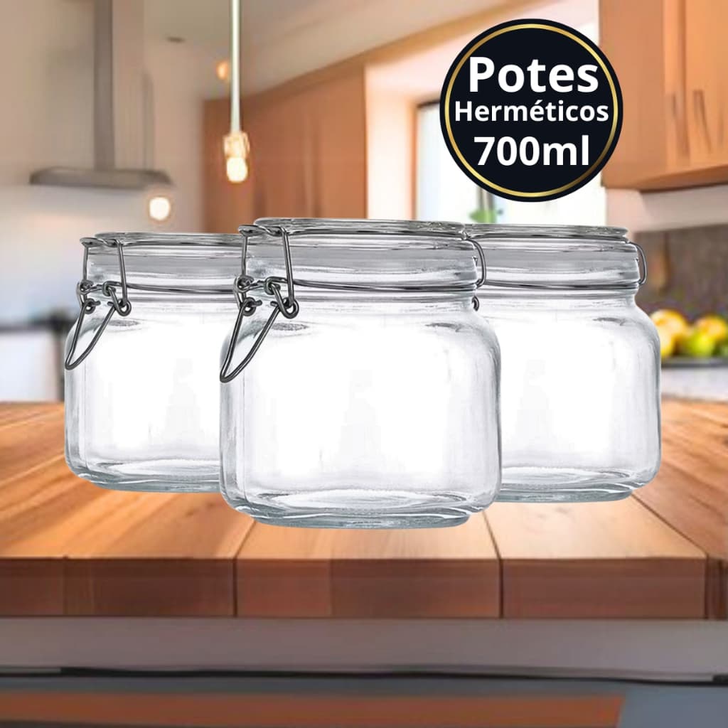 Pote de Vidro Avulso ou Kit 700ML Hermético com Trava de Inox