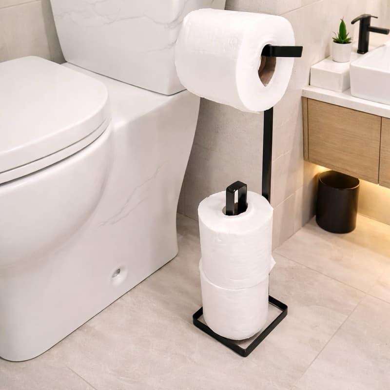 Suporte Porta Papel Higiênico de Chão para Banheiro Base Quadrada 3 Rolos Preto Organização Lavabo