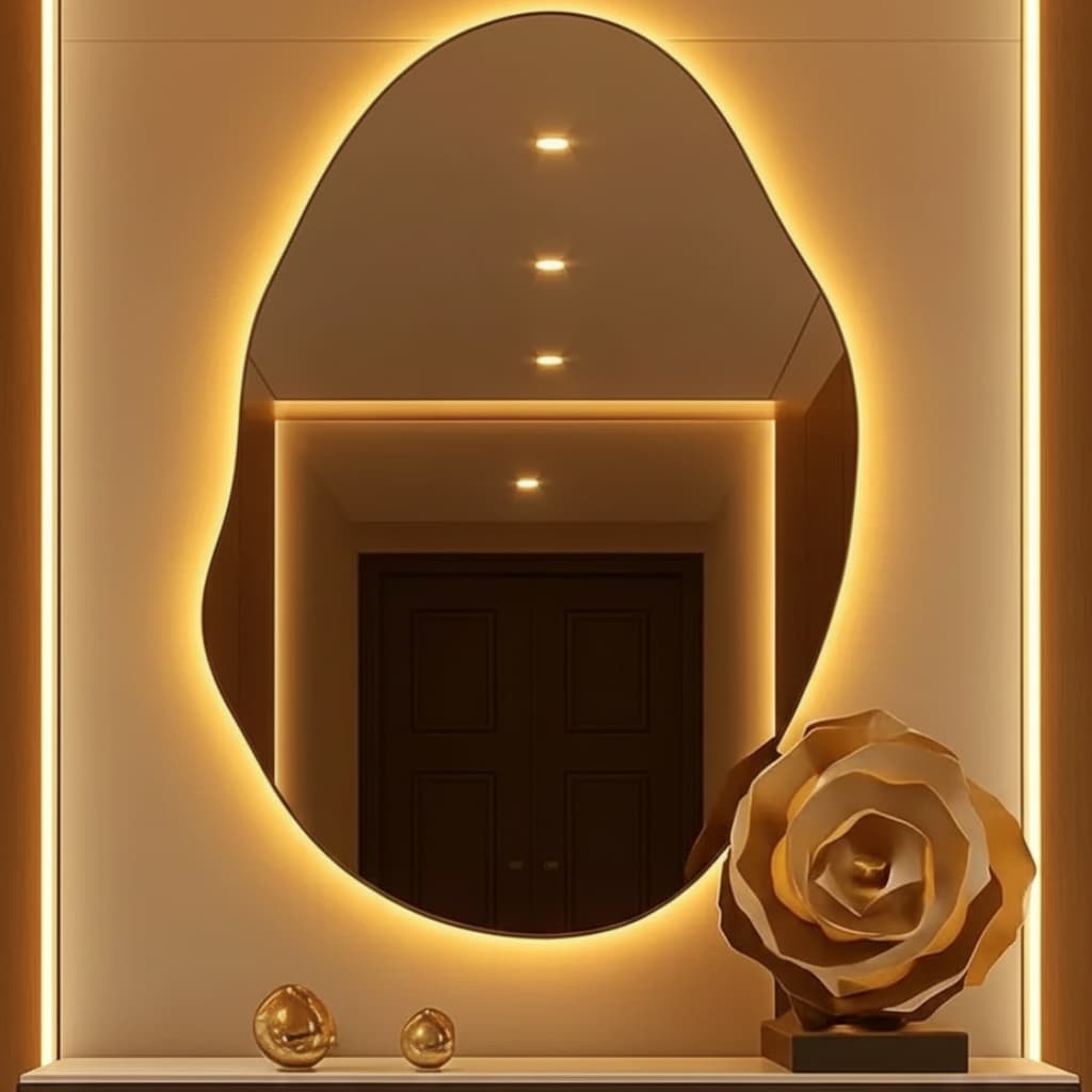 Espelho Orgânico Pequeno Banheiro A50 x L40 Decorativo Luz Led Quente Fria Parede Quarto Demoglass