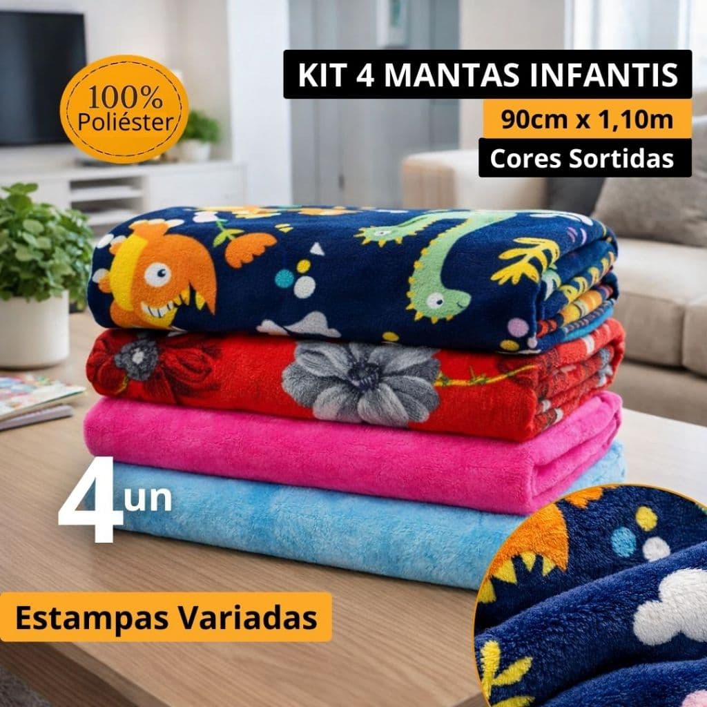 Mantinha 1 unidade 2unidade e 4 unidade Microfibra Infantil ou PET 90x110cm 100% Poliéster