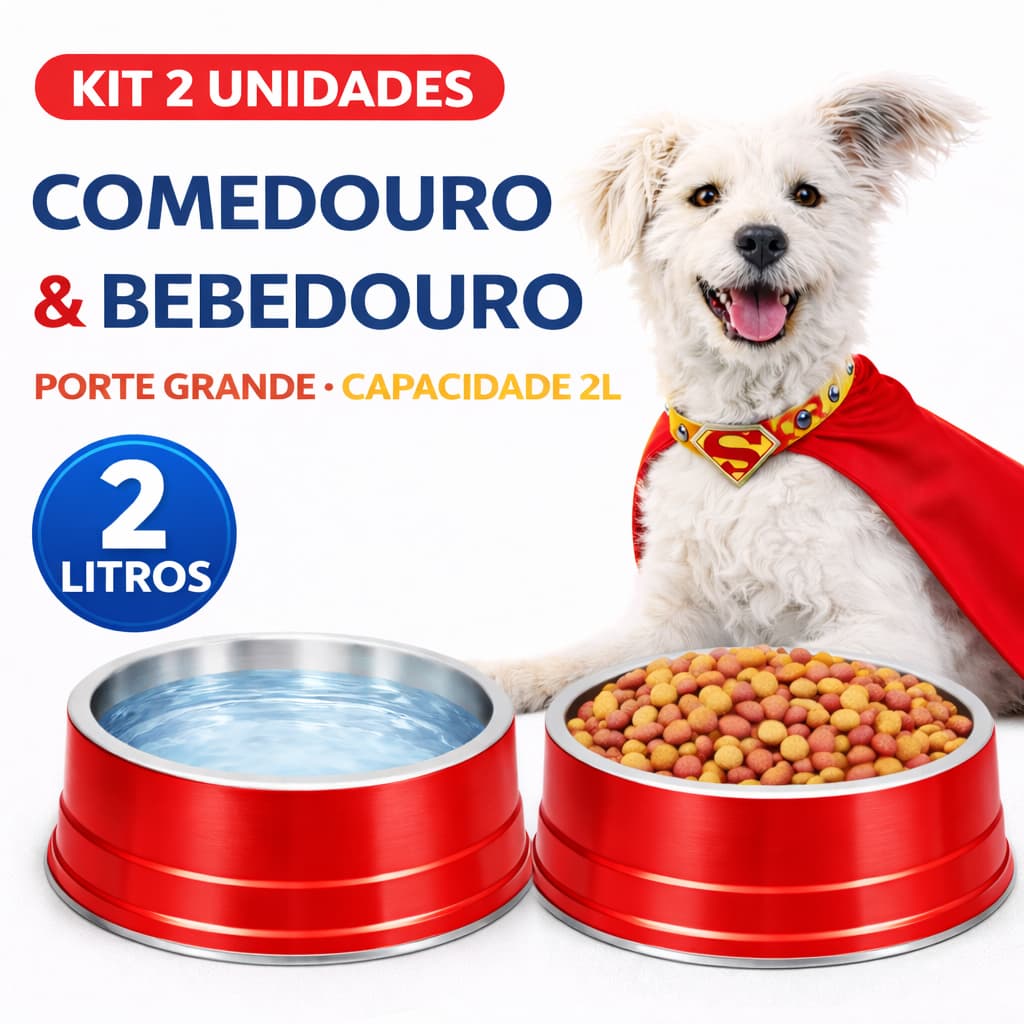 2 Pote para Ração Pet Grande  Alumínio  Cor Vermelha
