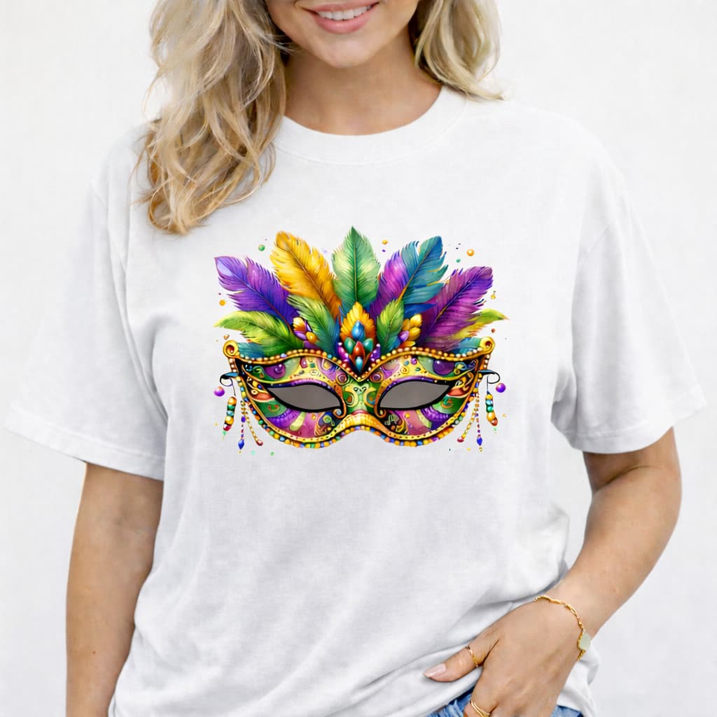 Camiseta Carnaval Feminina Toque Macio de Algodão T-Shirt Máscara Colorida Estampada Basica