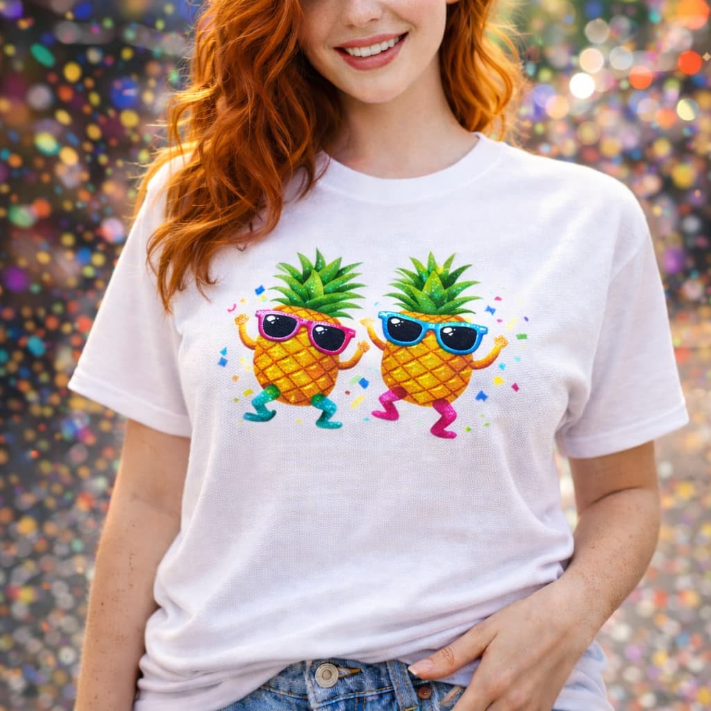Camiseta Carnaval Feminina Abacaxis Dançantes Algodão Estampa Divertida Bloco Verão