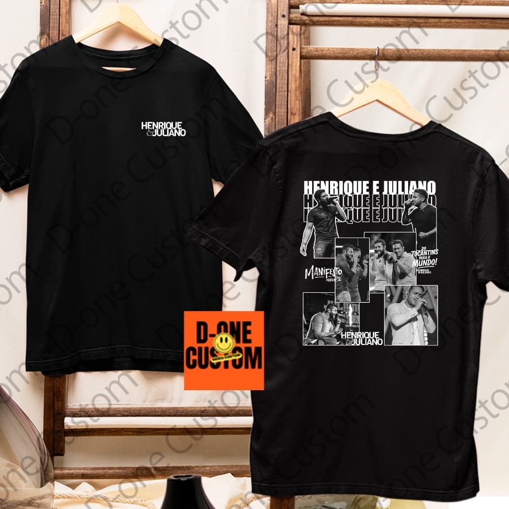 Camisa Camiseta Henrique e Juliano Logo Frente Costa Montagem Preto Branco Homenagem Sertanejo Dupla