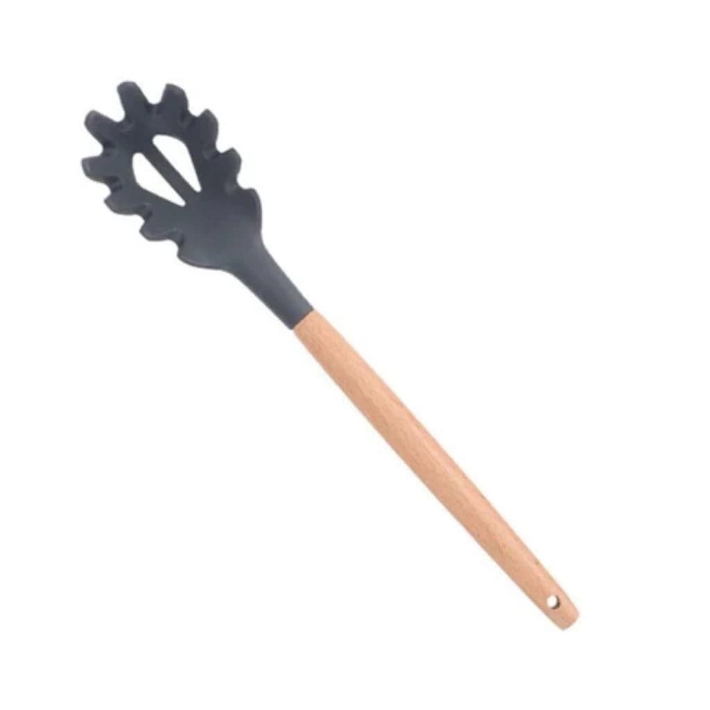 Pegador de Macarrão Silicone Cabo Madeira 30,5cm Utensílio Cozinha Resistente Calor Multiuso