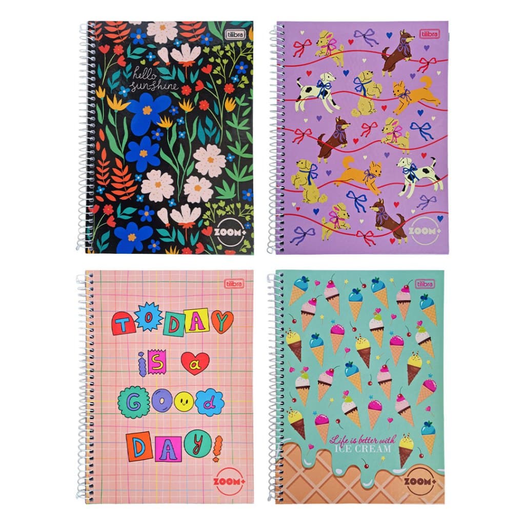 Kit 4 Caderno Feminino 1 Matéria 96 folhas Zoom