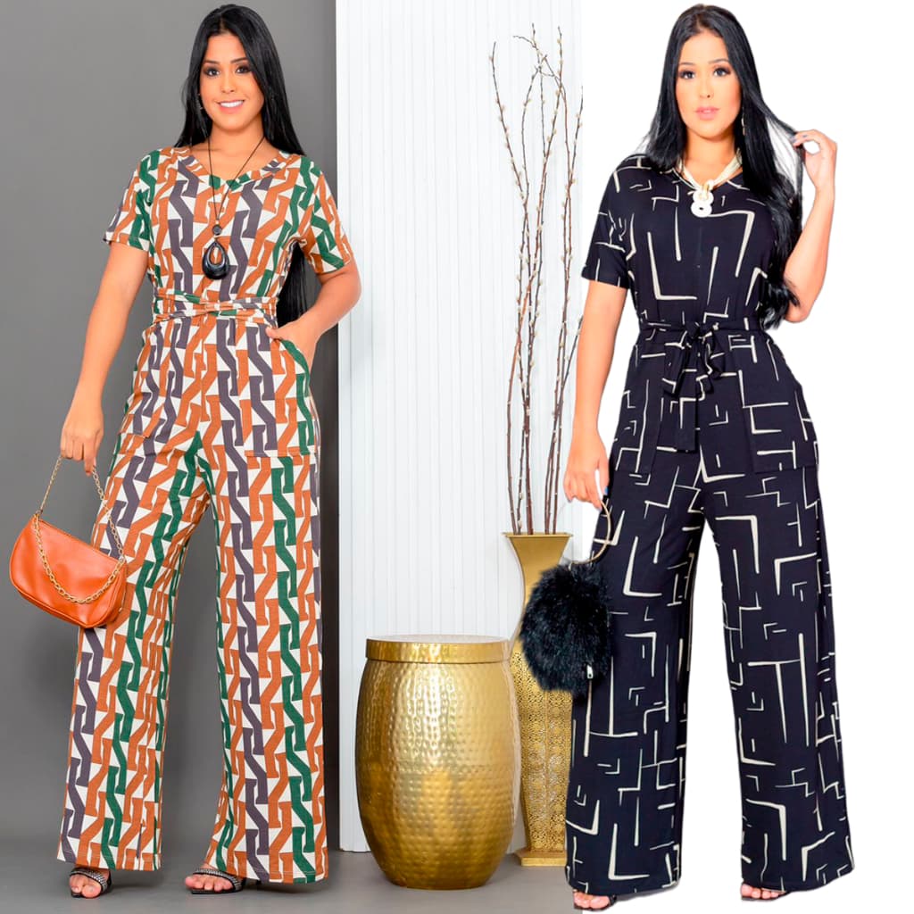 Macacão Estampado Moda Macaquinho Feminino Saruel Com Bolso Manga Curta Cintinho Longo Max