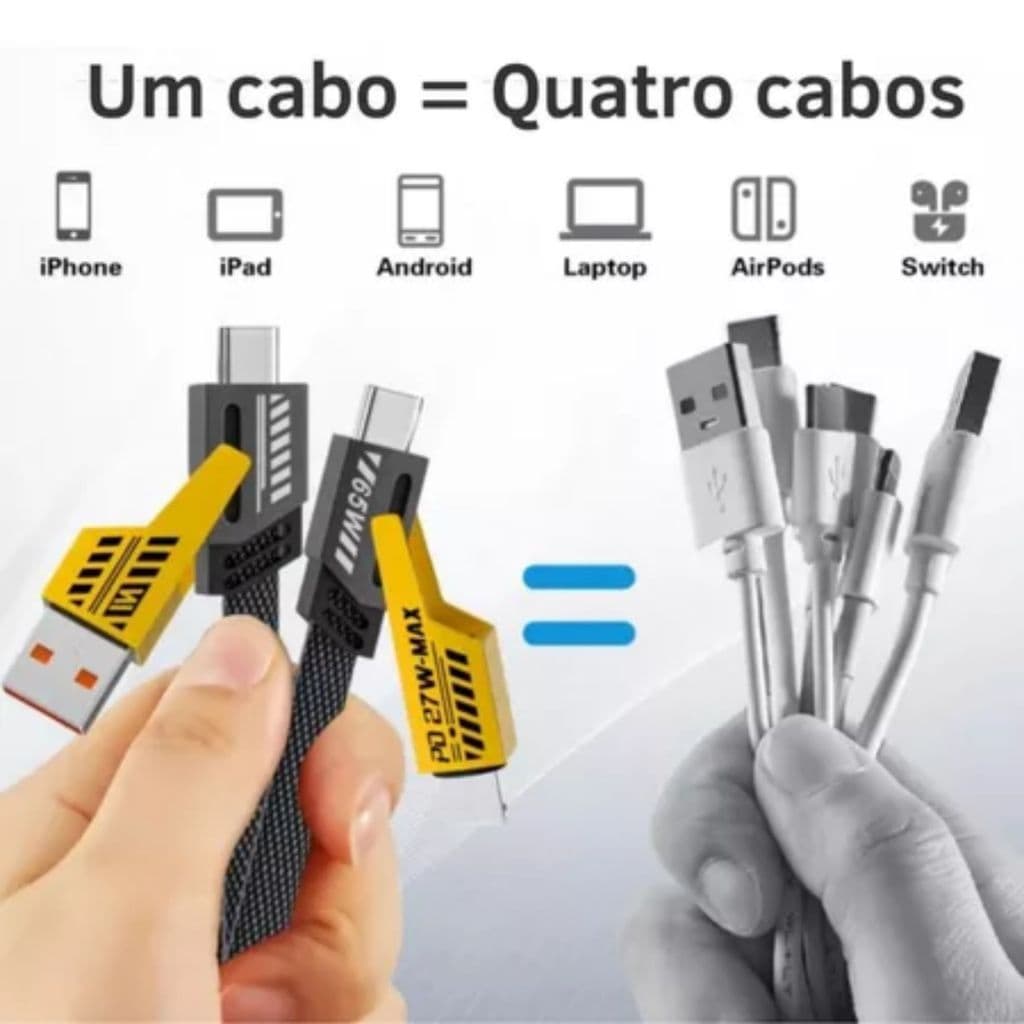 Cabo Turbo De Carregador 4 Em 165W / 27W Carregamento Rápido USB-C + Lightning + Micro + USB Cabo De Dados