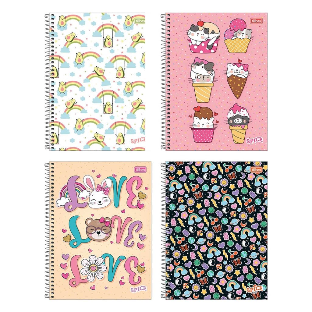 Kit 4 Caderno Espiral Feminino Spice 1 Matéria 80 folhas Tilibra