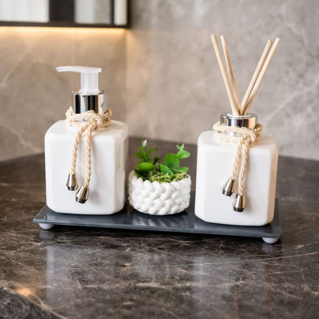Kit Lavabo Luxo Banheiro com Bandeja | Porta Sabonete + Difusor | Frasco Branco Plastico