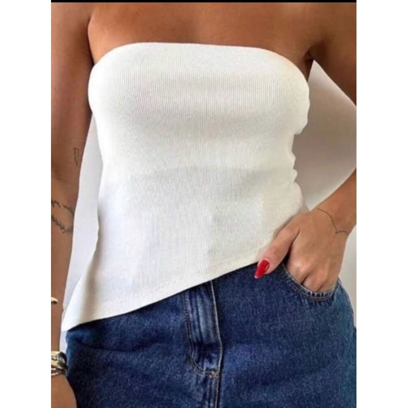feminina Croped tomara que caia blusa com fenda001*