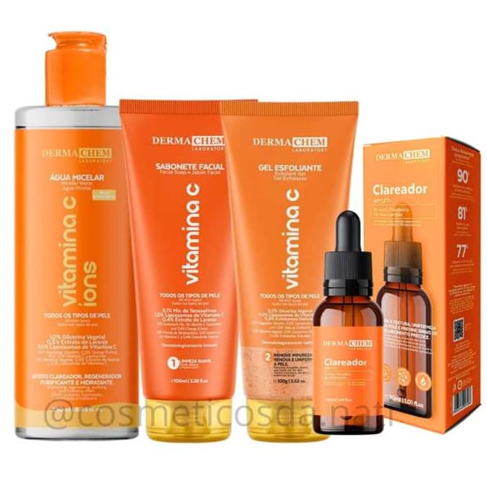 Kit Skin Care Clareador Vitamina C Dermachem Agua micelar Sabonete Esfoliante e Serum Clareador