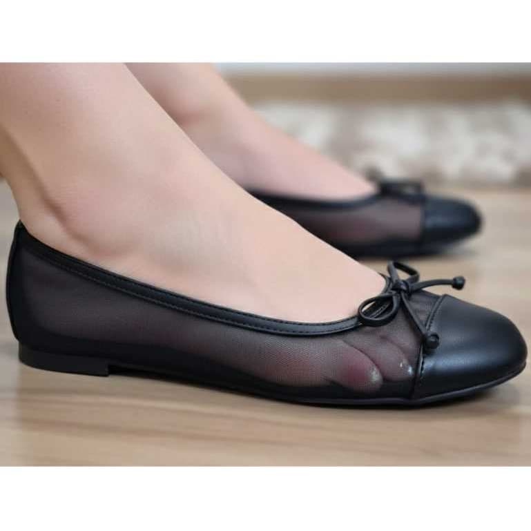 Sapatilha Feminina Preta Clássica Confortável com Laço Bico Arredondado Macia Leve Moda Dia a Dia