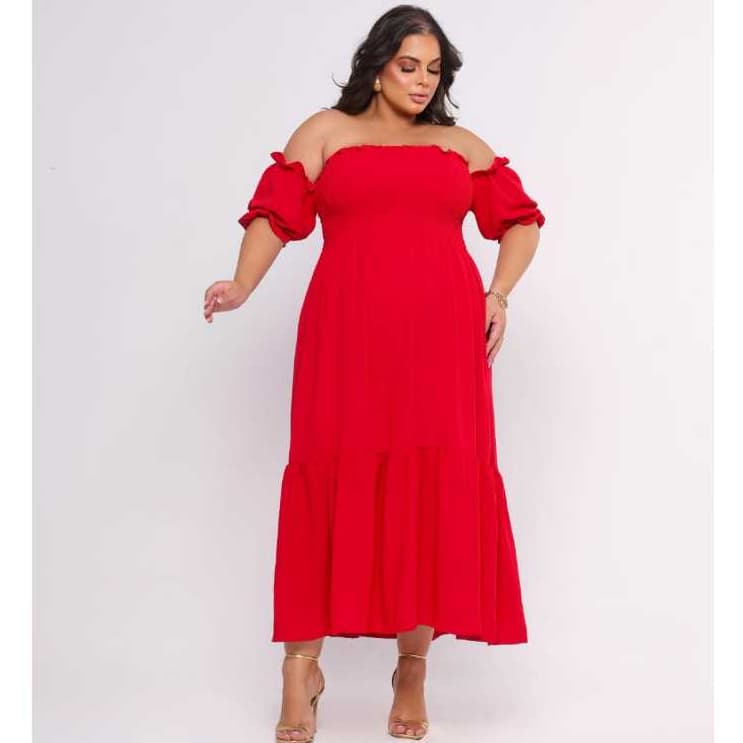 Vestido Manga Ciganinha Plus Size Vermelho Lastec Longo Moda Evangelica Maior Fenda Casual Elegante Festa Tendencia