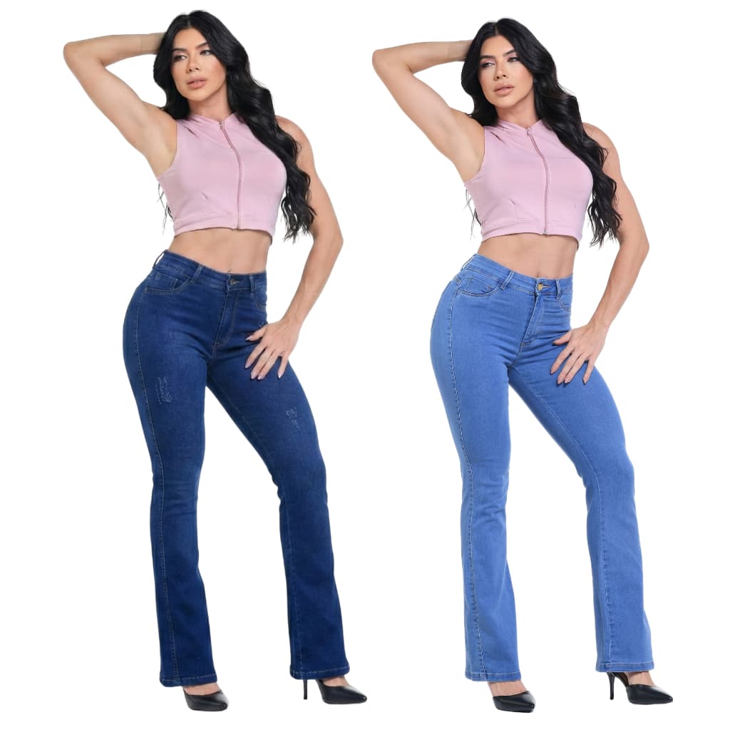 Kit 2 Calças Flare Jeans Feminina Cos Alto Com Elastano Cintura Alta Boca de Sino
