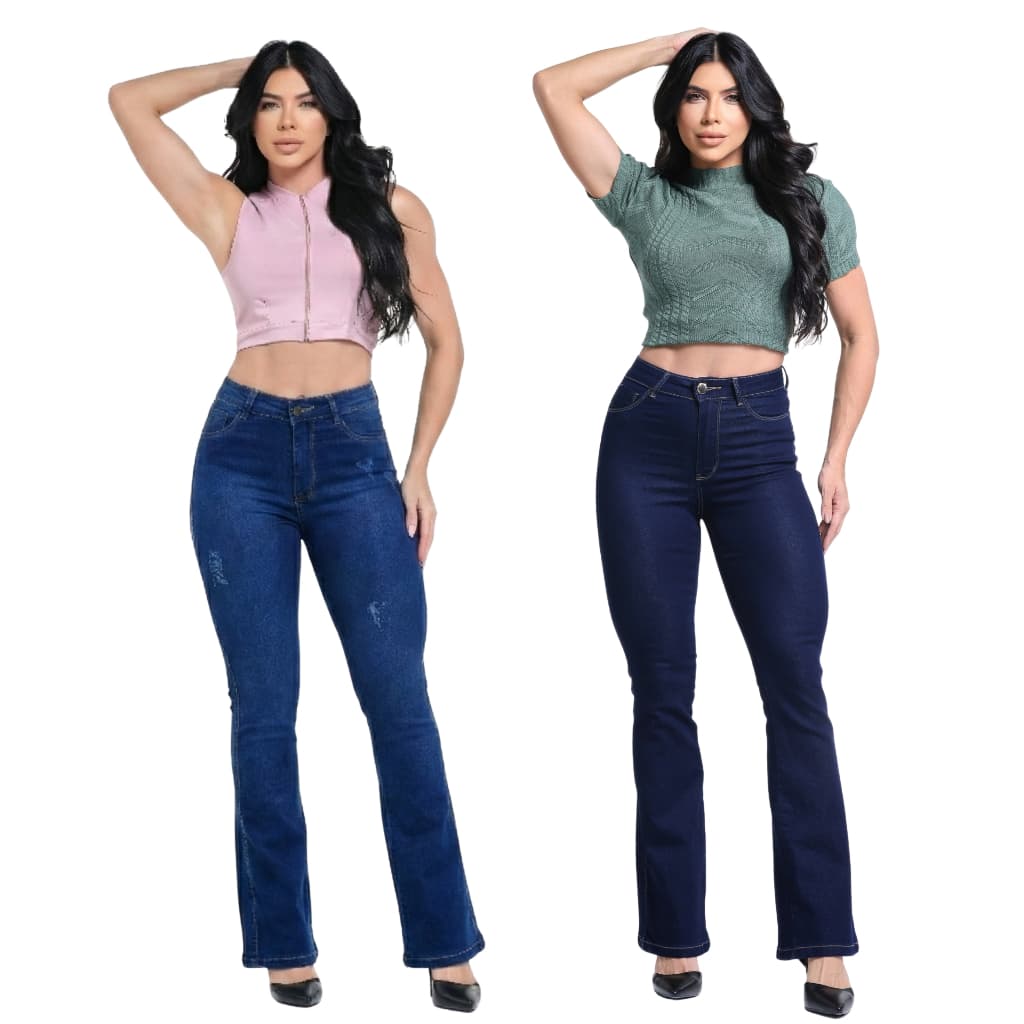 Kit 2 Calças Flare Jeans Feminina Cos Alto Com Elastano Cintura Alta Premium