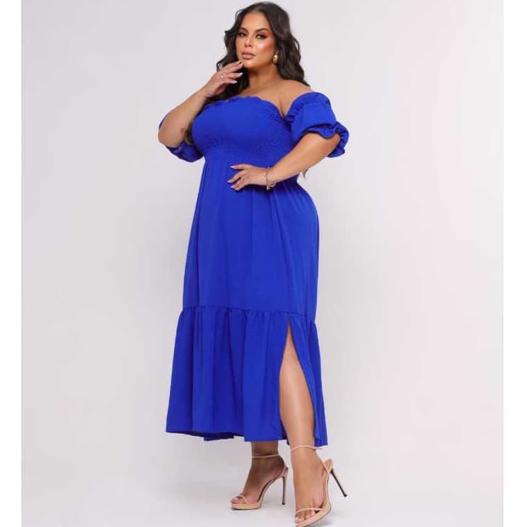 Vestido Azul Longo Plus Size Manga Ciganinha Lastec Tendencia Verão Moda Evangelica Casual Elegante Maior Festa Verão