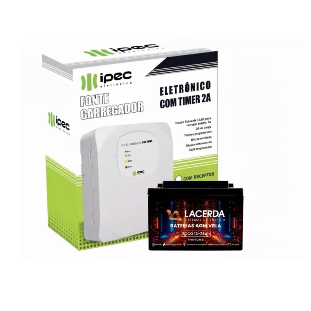 FONTE CARREGADORA TEMPORIZADA IPEC + BATERIA SELADA LACERDA 12V