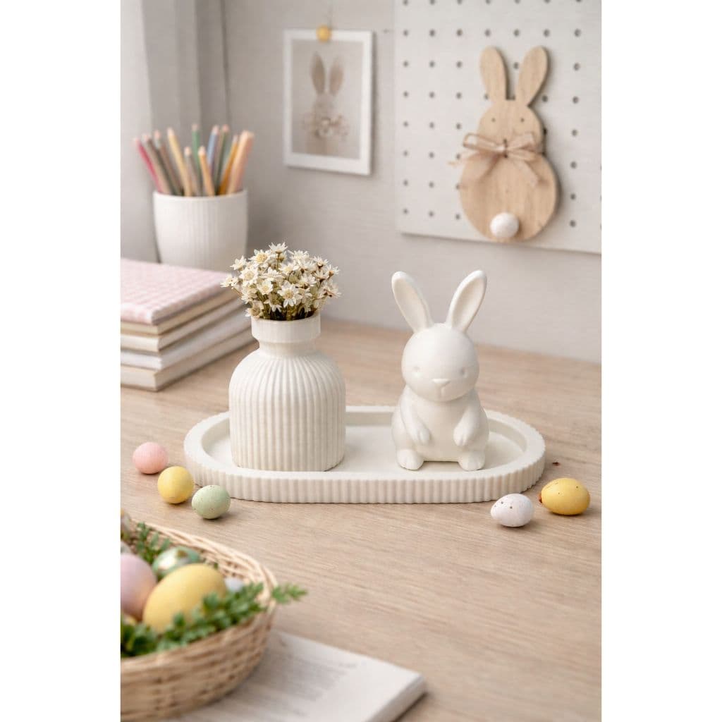 Kit Decorativo de Páscoa Coelho + Vaso + Bandeja | Branco ou Rosa