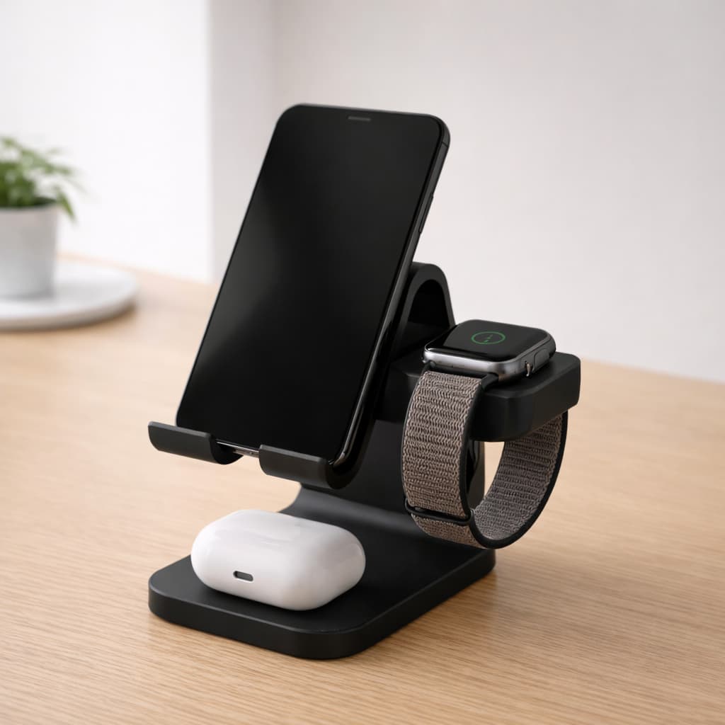 Suporte Organizador de Mesa com Cabos Escondidos – 3 em 1 para Celular, Watch e Fones (Não acompanha carregador)