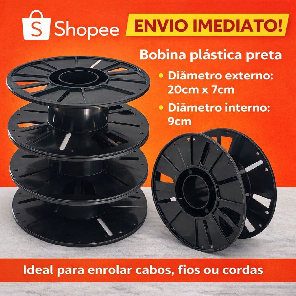 Bobina Plástica Preta 20cm | Enrolador de Cabos, Fios e Cordas | Resistente | Envio Imediato
