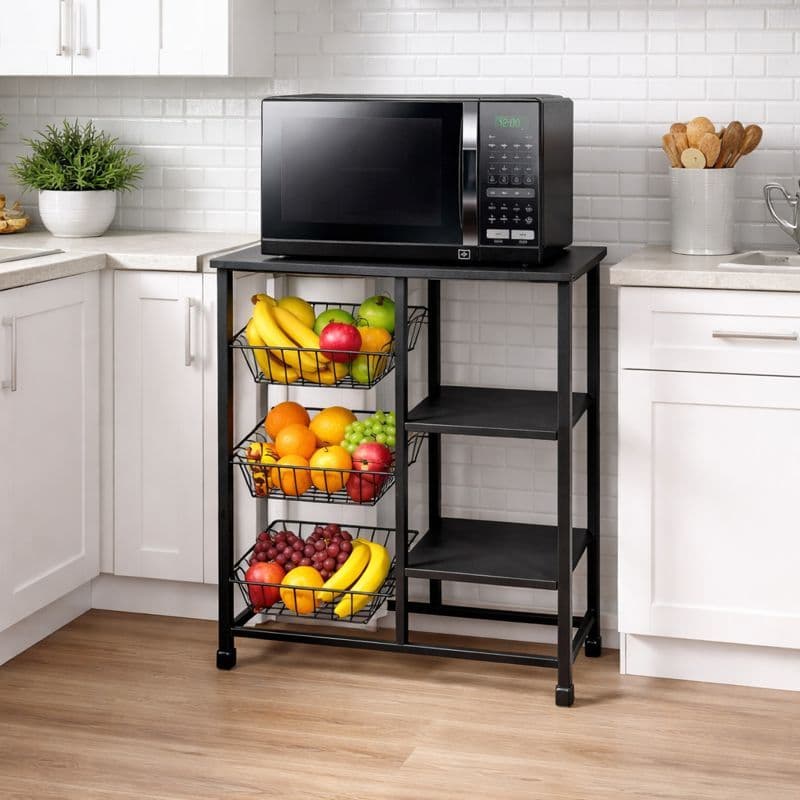 Fruteira de Chão Multiuso com Suporte para Micro-ondas e Forno 3 Cestos em Aço Reforçado