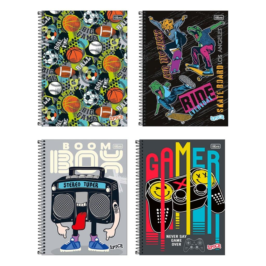 Kit 4 Caderno Espiral Masculino 1 Matéria 80 Folhas Spice Tilibra