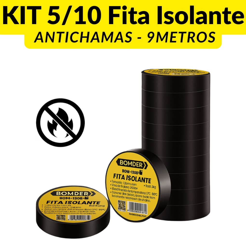 Kit 5/10 Fita Isolante Preta Antichamas Fogo 9m