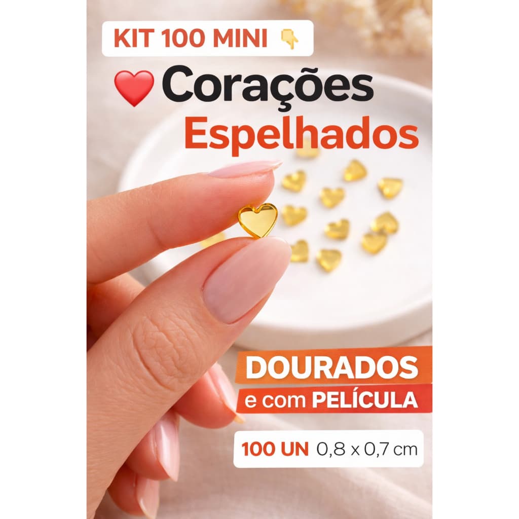 100 Apliques Coração Acrílico Espelhado Dourado Mini 0,8x0,7cm 2mm – Decoração Festa, Laços, Personalizados