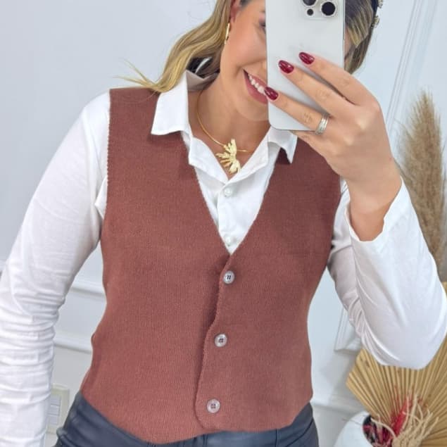 Colete Regata Feminino Tricot Modal Alfaiataria com Botões Casual Elegante Inverno Verão