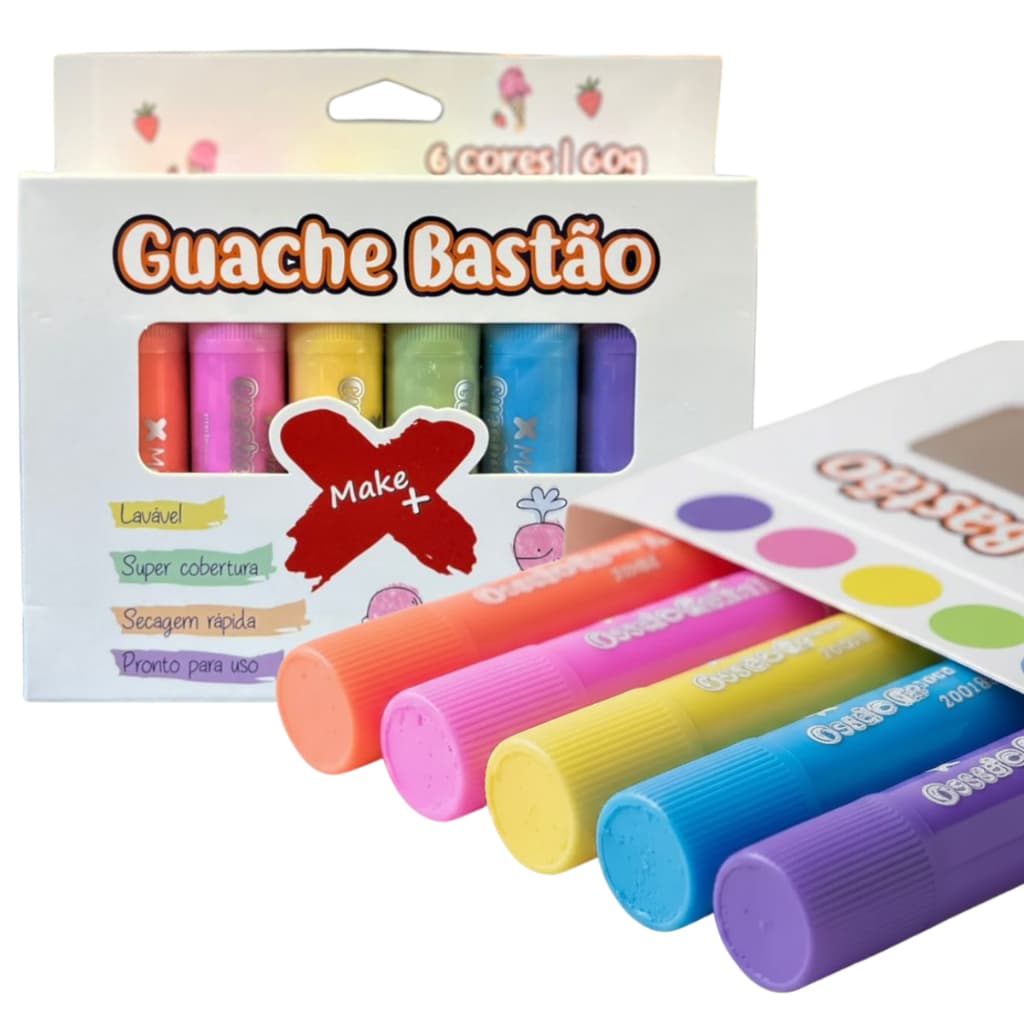 Guache Bastão 6 Cores Tons Pastel 60g Make+ Lavável Colorido