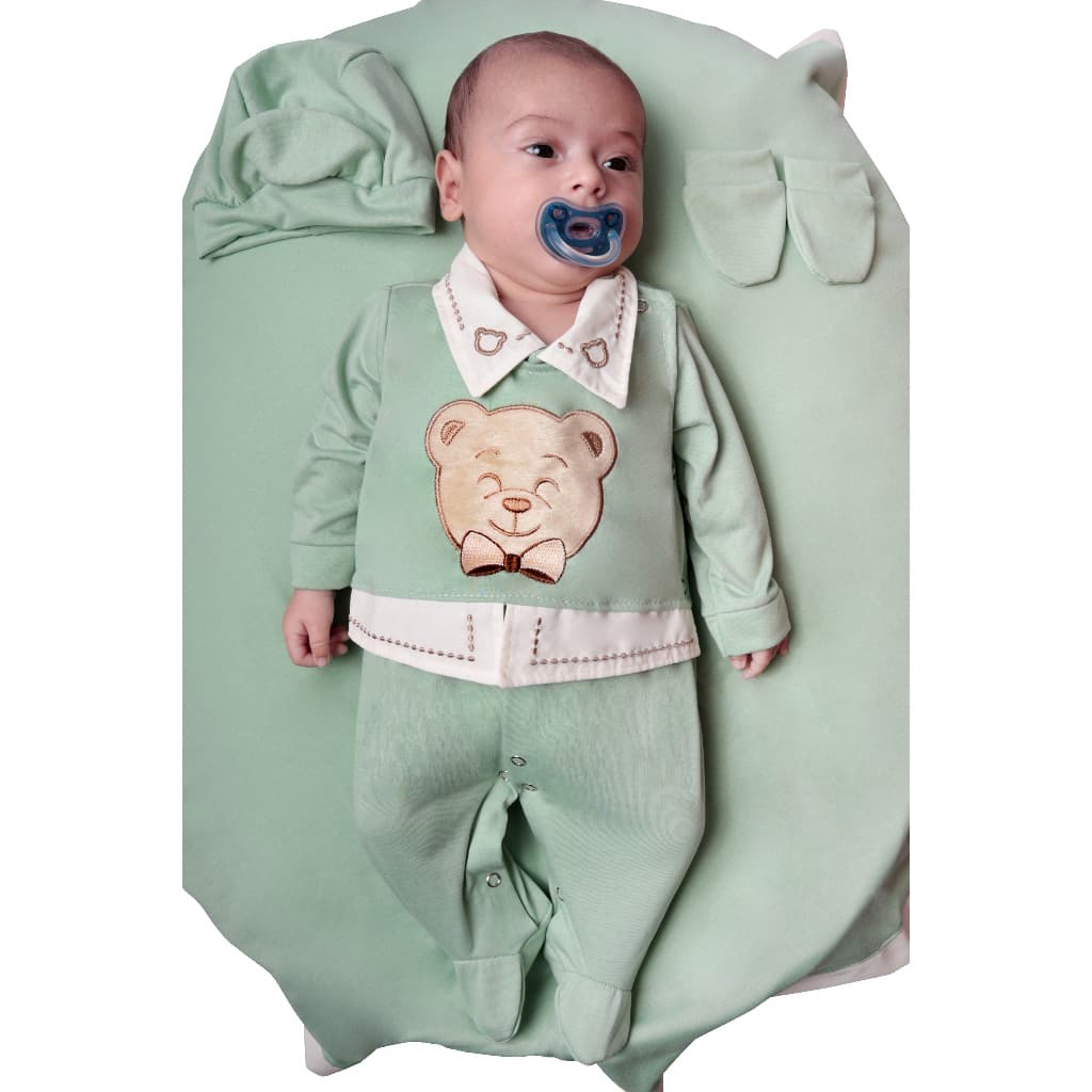 Saída Maternidade Menino Noah Verde Ursinho Bordado Roupa de Bebê Menino