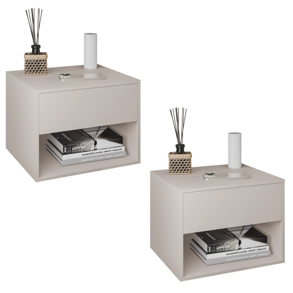 Kit 2 Mesas De Cabeceira Suspensa C/ Gaveta E Nicho Para Quarto Cores Preto Cinza Off-White